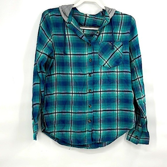 New Mudd green plaid flannel with hood size small - Picture 1 of 11